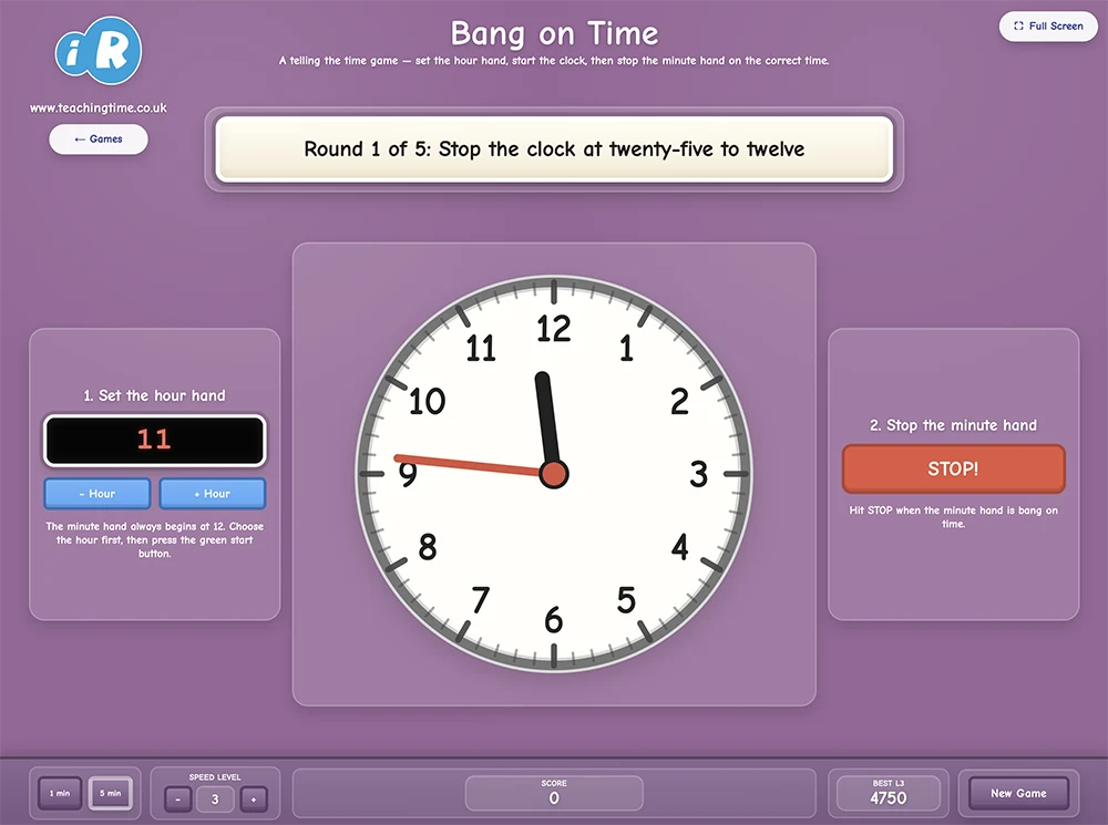Bang on Time telling the time game