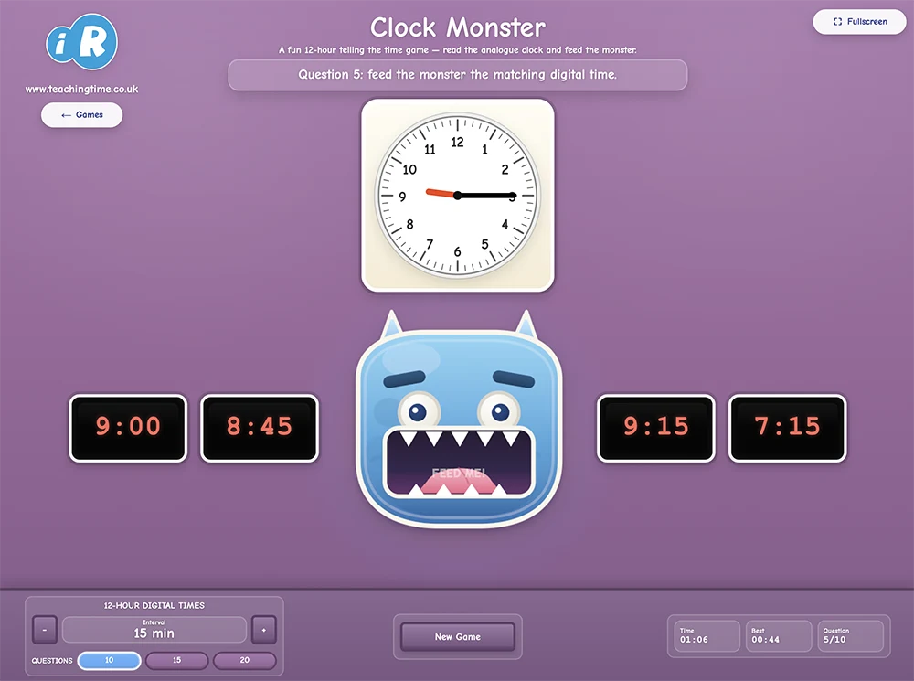 Clock Monster telling the time game