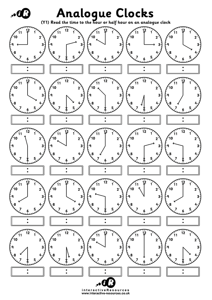 25 Clocks. Read the time to the hour or half hour on an analogue clock.