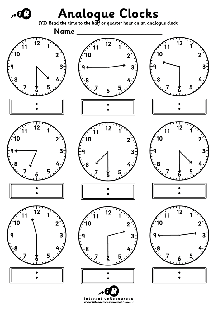 9 Clocks Worksheet. Read the time to the half or quarter hour on an analogue clock.