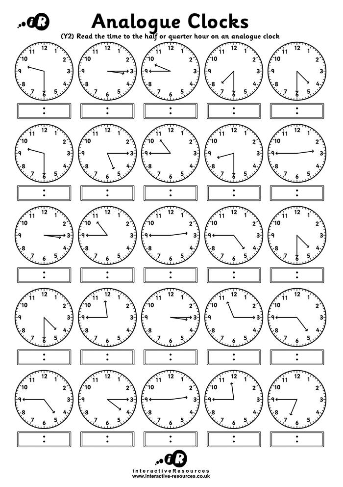 25 Clocks. Read the time to the half or quarter hour on an analogue clock.