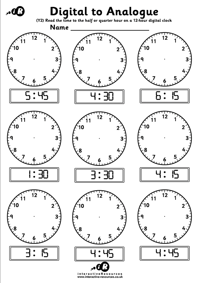 9 Clocks Worksheet. Read the time to the half or quarter hour on a 12-hour digital clock.