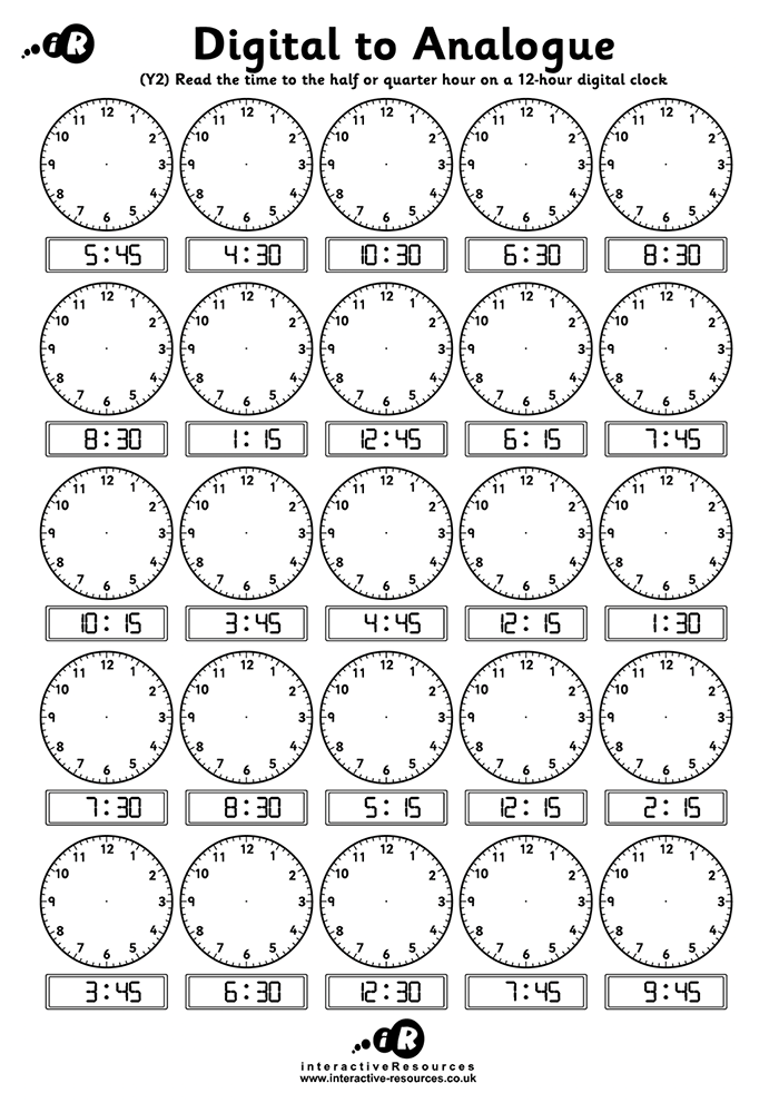 25 Clock Worksheet. Read the time to the half or quarter hour on a 12-hour digital clock.