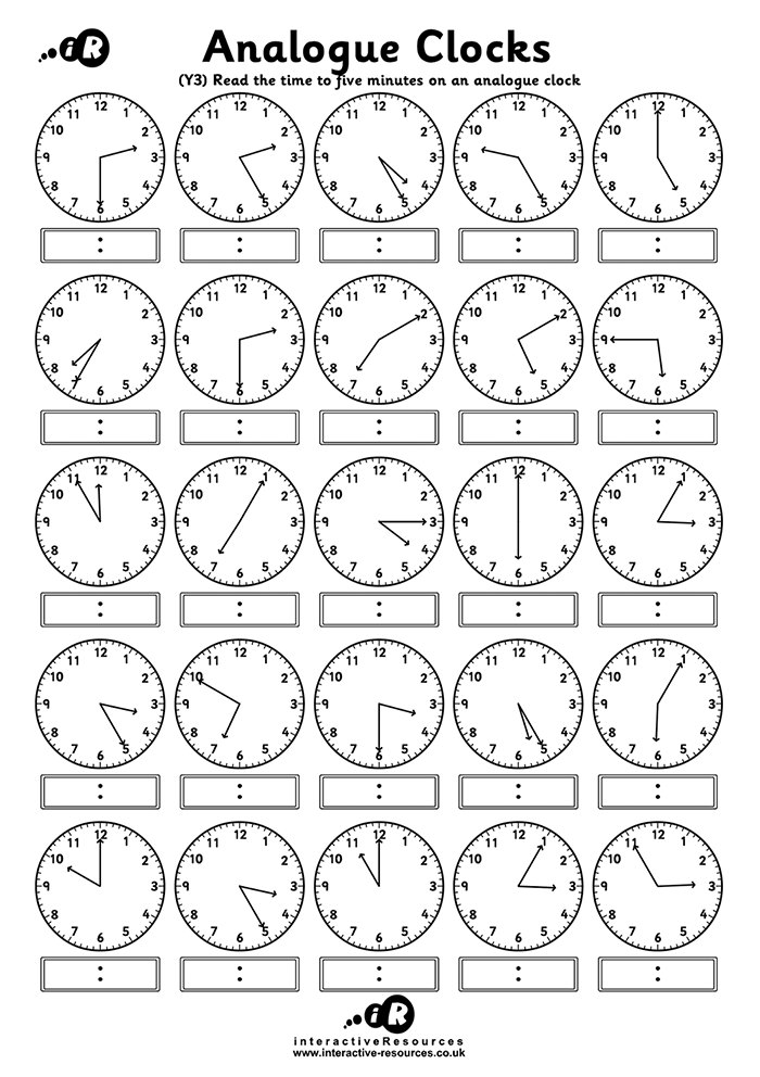 25 Clocks. Read the time to five minutes on an analogue clock.