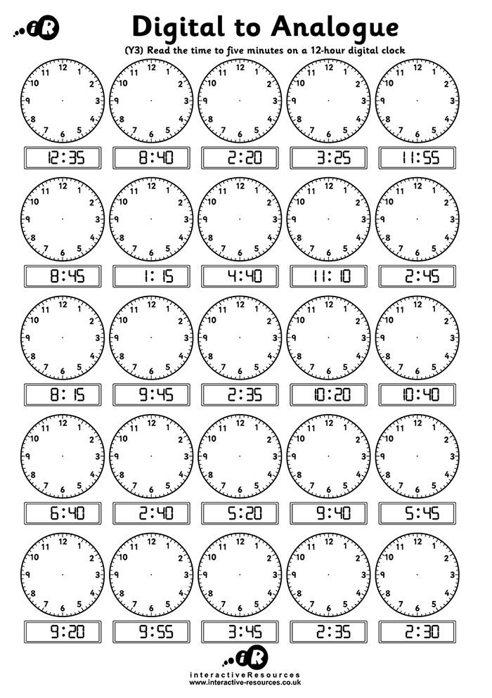 25 Clocks Worksheet. Read the time to five minutes on a 12-hour digital clock.