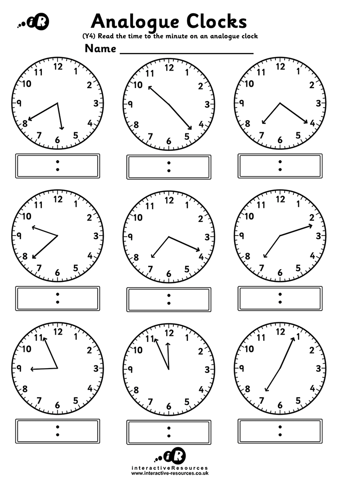 9 Clocks Worksheet. Read the time to the minute on an analogue clock.