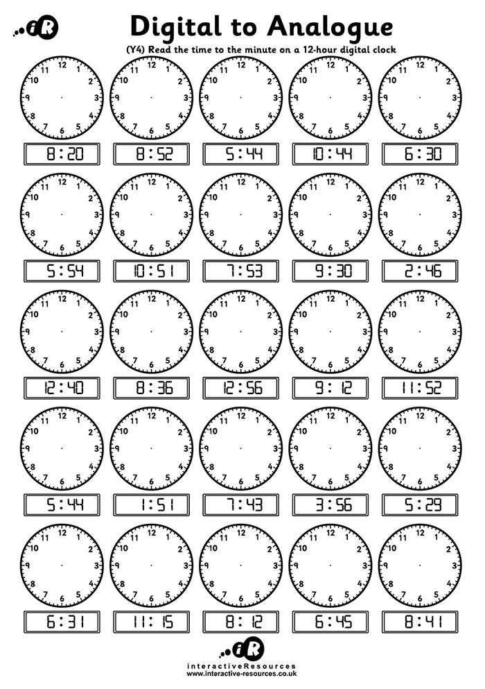 25 Clocks. Read the time to the minute on a 12-hour digital clock.