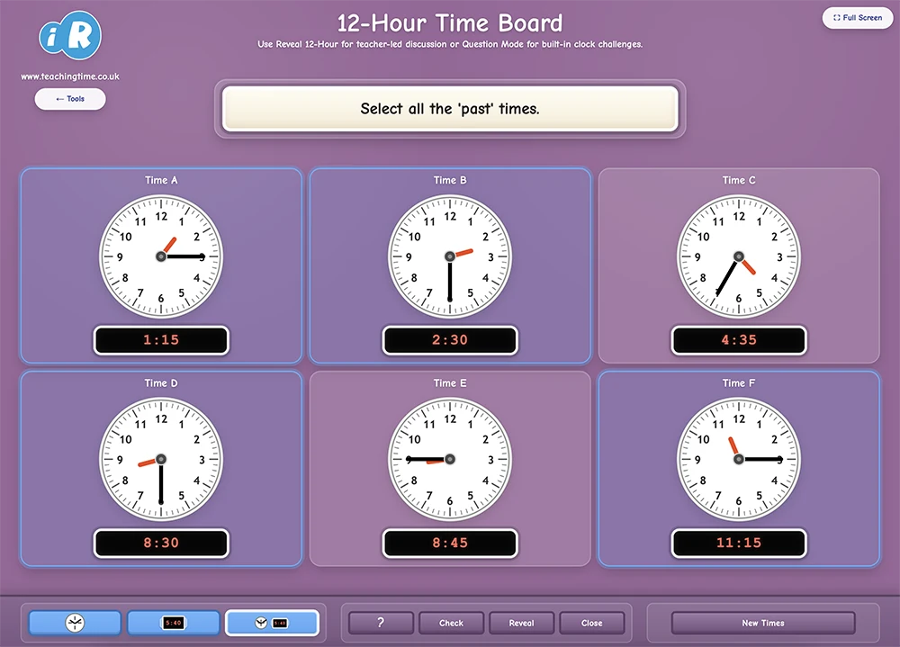 12-Hour Time Board screenshot with large analogue clock and digital display panels
