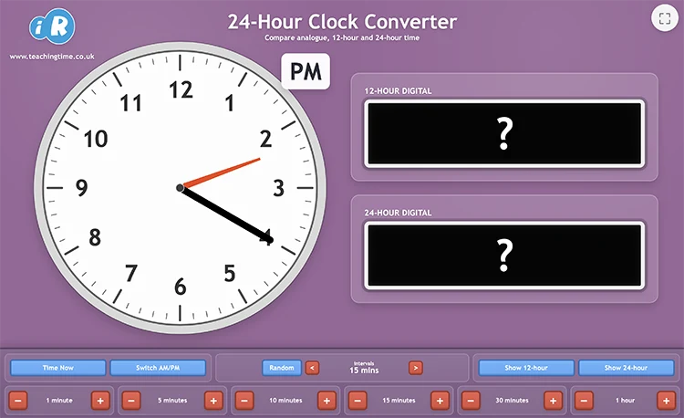 24-hour clock converter screenshot showing analogue, 12-hour and 24-hour time displays