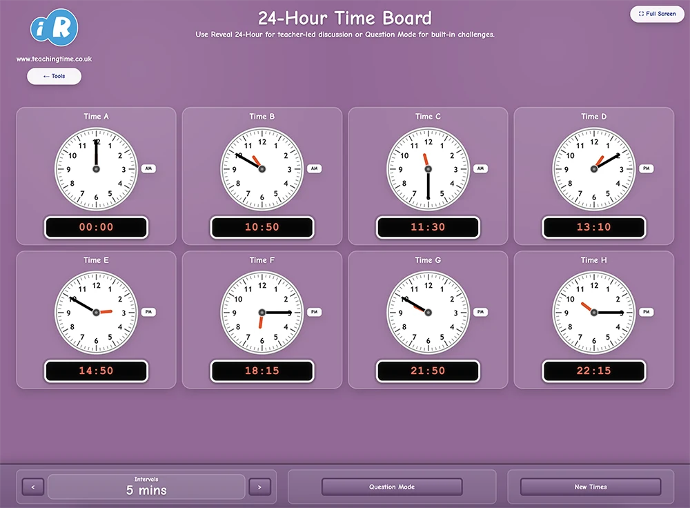 24-Hour Time Board screenshot with analogue clock and 24-hour digital time panels