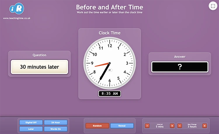 Before and After Time teaching tool screenshot with question and answer panels