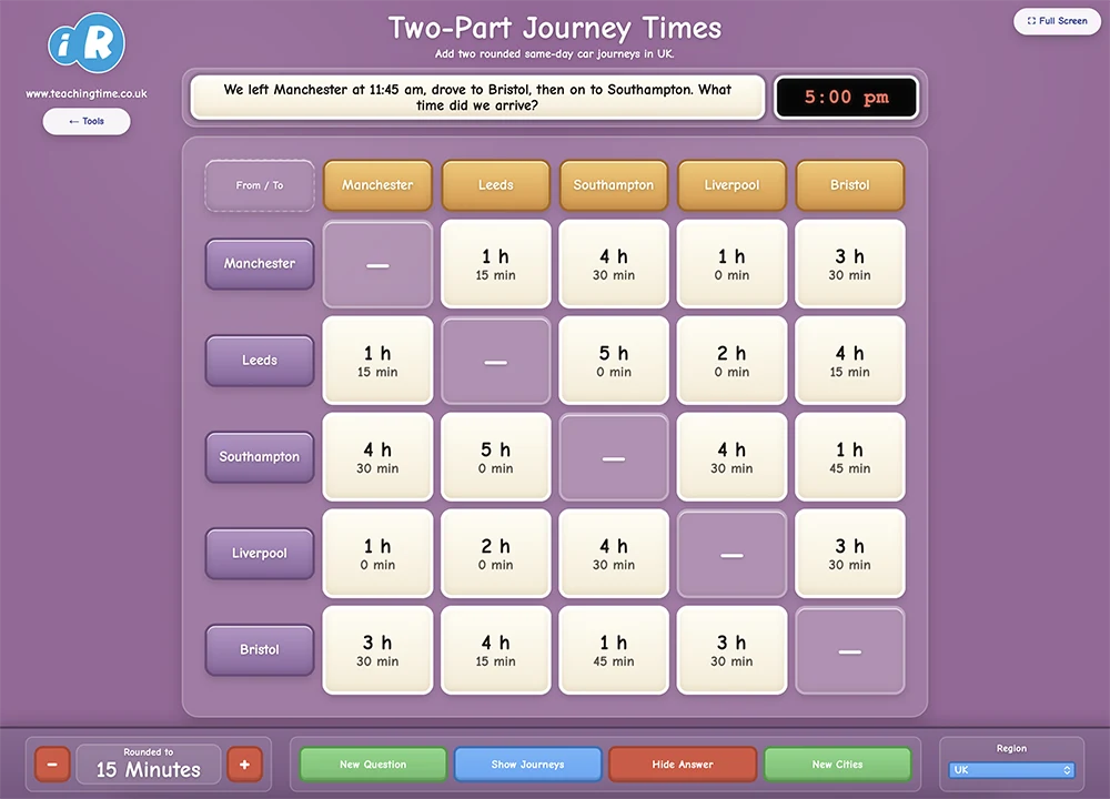 Journey Times Two Part screenshot with two-stage journey time problem panels