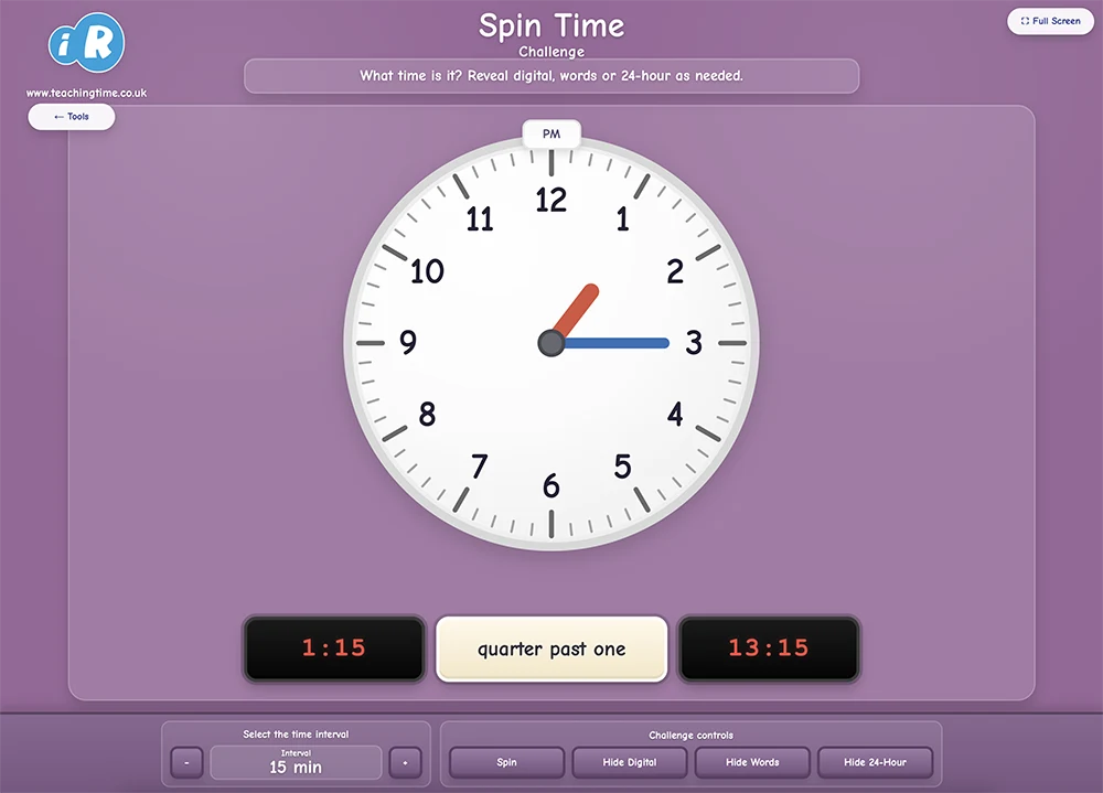 Spin Challenge Board screenshot with clock challenge prompt and answer panel