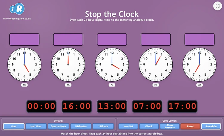 Stop the Clock 24-hour matching activity screenshot with analogue clocks and digital times
