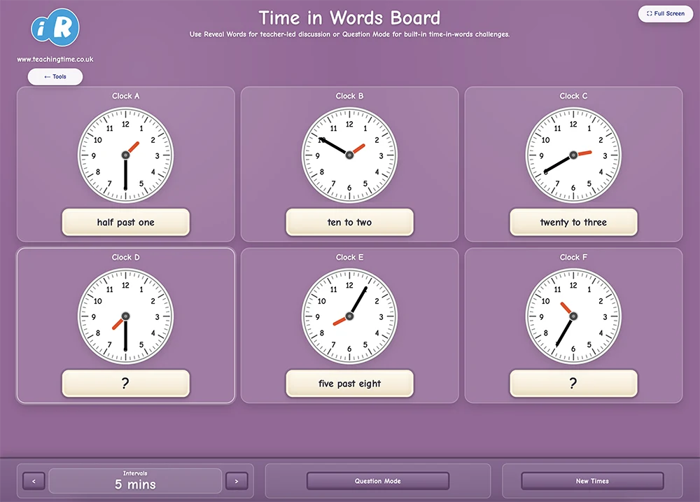 Time in Words Board screenshot showing analogue time and written time phrases