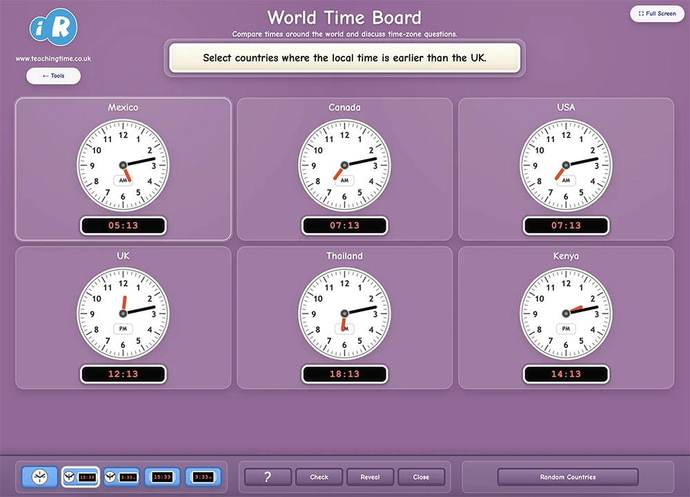 World Time Board screenshot comparing times in different countries