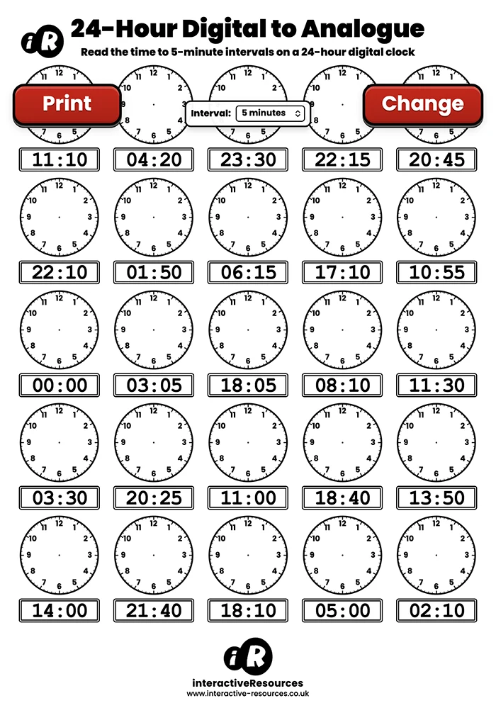 25 Clock Worksheet worksheet generator preview